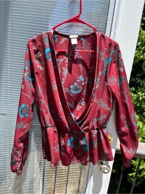 Daytrip Burgundy Floral Wrap Blouse with Teal Flowers
